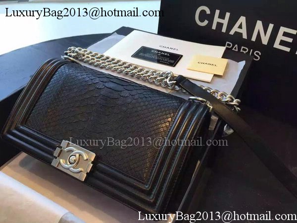 Chanel Boy Flap Shoulder Bag Black Python Leather A66095 Silver