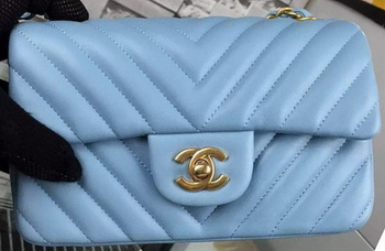 Chanel mini Classic Flap Bag SkyBlue Original Sheepskin Chevron Leather CHA5500 Gold