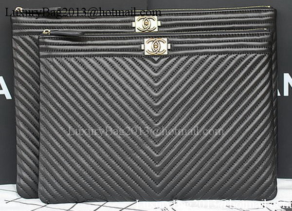 Boy Chanel Chevron Black Sheepskin Leather Clutch A69253