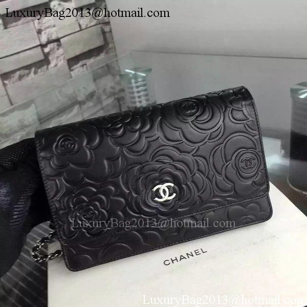 Chanel WOC Flap Bag Original Black Camellia Leather A5373 Silver