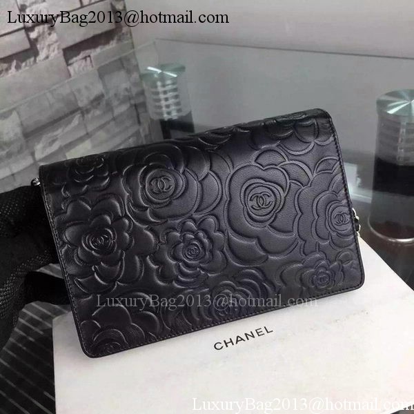 Chanel WOC Flap Bag Original Black Camellia Leather A5373 Silver