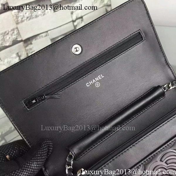 Chanel WOC Flap Bag Original Black Camellia Leather A5373 Silver