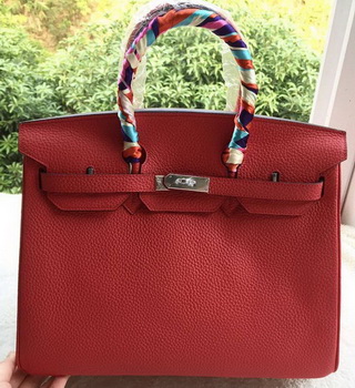 Hermes Birkin 35CM Tote Bag Red Litchi Leather BK35 Silver