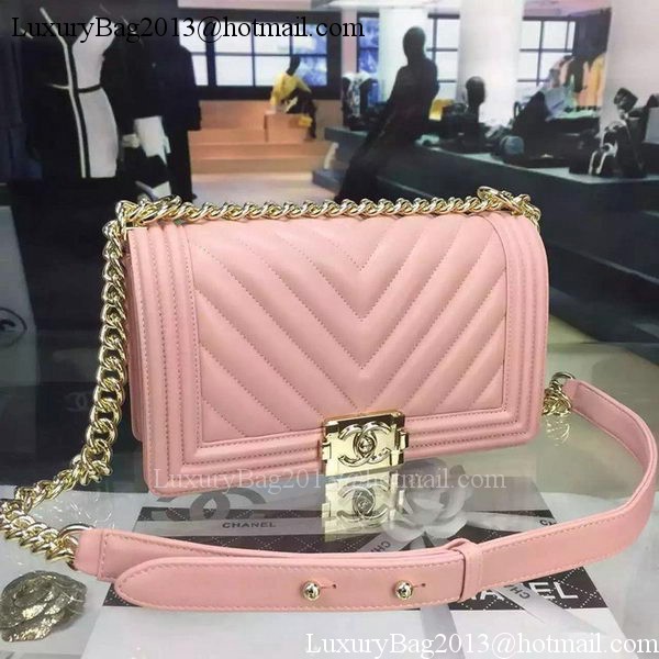 Boy Chanel Flap Bag Original Chevron Pink Nubuck Leather A5708 Gold