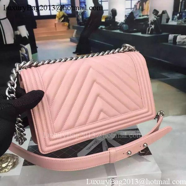 Boy Chanel Flap Bag Original Chevron Pink Nubuck Leather A5708 Silver