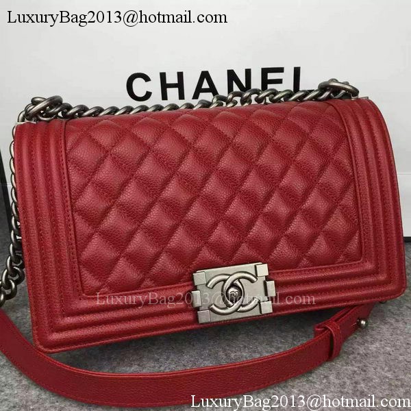 Chanel Boy Flap Shoulder Bag Red Original Calfskin Leather A8708 Silver