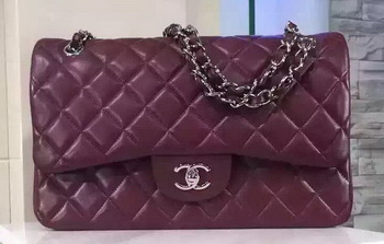 Chanel Jumbo Classic Flap Bag Burgundy Sheepskin Leather A1113 Silver