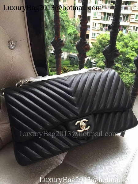 Chanel Classic Flap Bag Black Sheepskin Chevron Quilting A1113 Gold