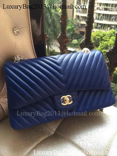 Chanel Classic Flap Bag Blue Sheepskin Chevron Quilting A1113 Gold