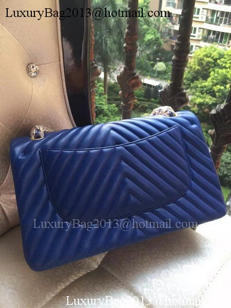 Chanel Classic Flap Bag Blue Sheepskin Chevron Quilting A1113 Gold