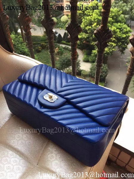 Chanel Classic Flap Bag Blue Sheepskin Chevron Quilting A1113 Gold