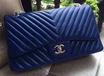 Chanel Classic Flap Bag Blue Sheepskin Chevron Quilting A1113 Silver