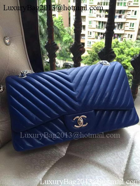 Chanel Classic Flap Bag Blue Sheepskin Chevron Quilting A1113 Silver