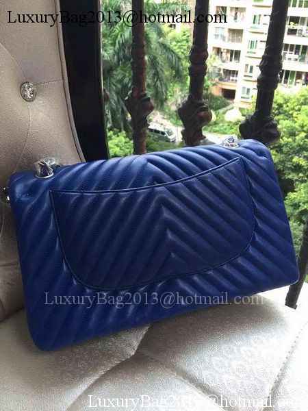 Chanel Classic Flap Bag Blue Sheepskin Chevron Quilting A1113 Silver