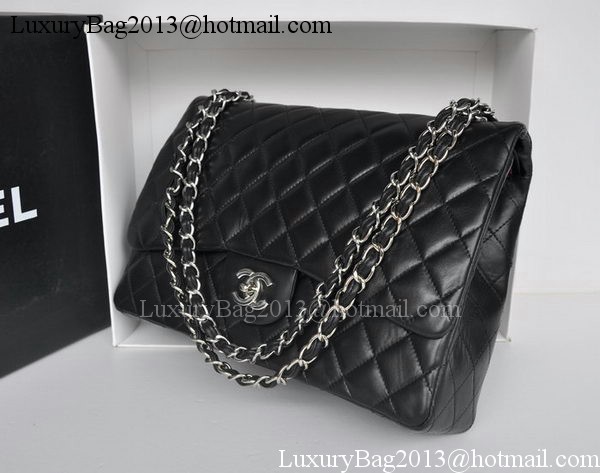 Chanel Maxi Classic Bag A36098 Black Sheepskin Silver