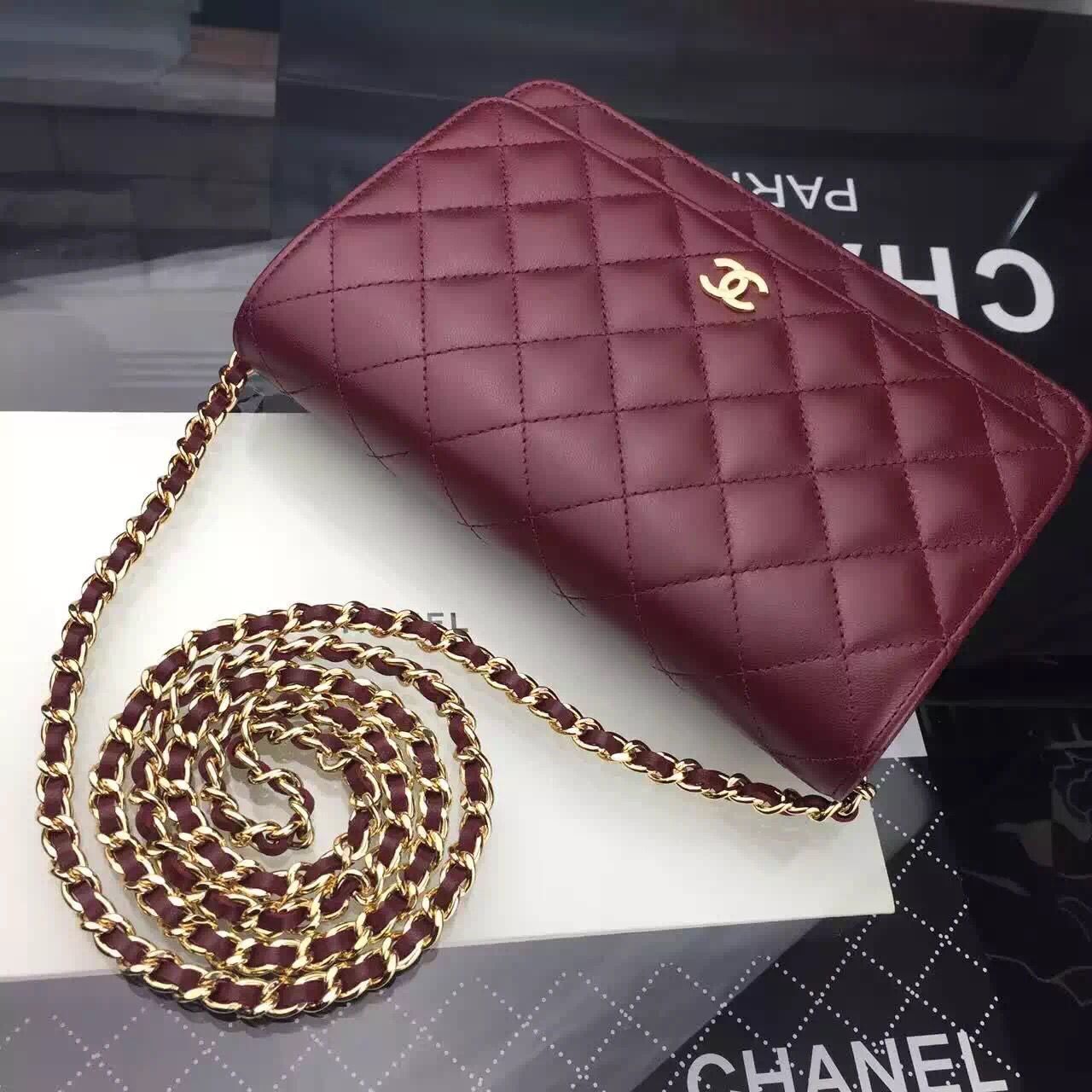 Chanel WOC mini Flap Bag Original Lambskin Leather A5373 Burgundy