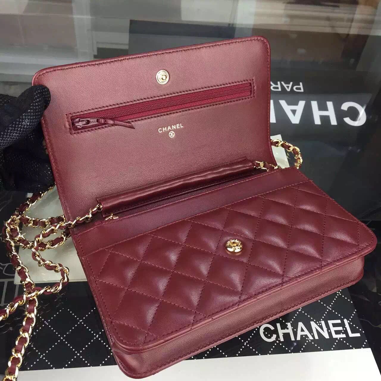 Chanel WOC mini Flap Bag Original Lambskin Leather A5373 Burgundy