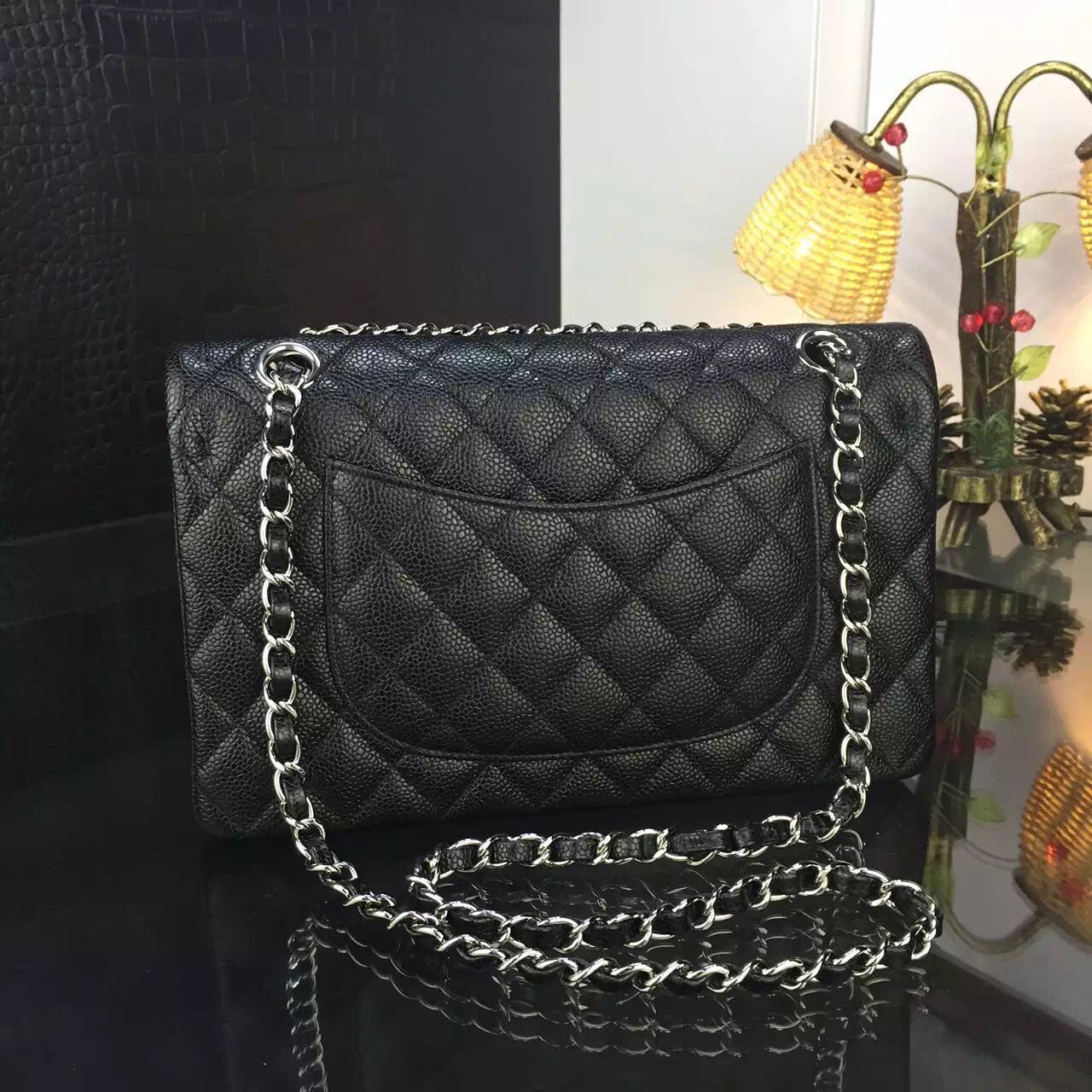 Chanel 2.55 Series Flap Bag Original Lambskin Leather Black Silver 1113