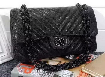 Chanel 2.55 Series Flap Bag Black Cannage Pattern Chevron Leather A1112V Black