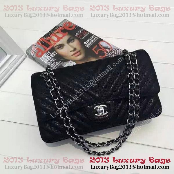 Chanel 2.55 Series Flap Bag Black Cannage Pattern Chevron Leather A1112V Silver