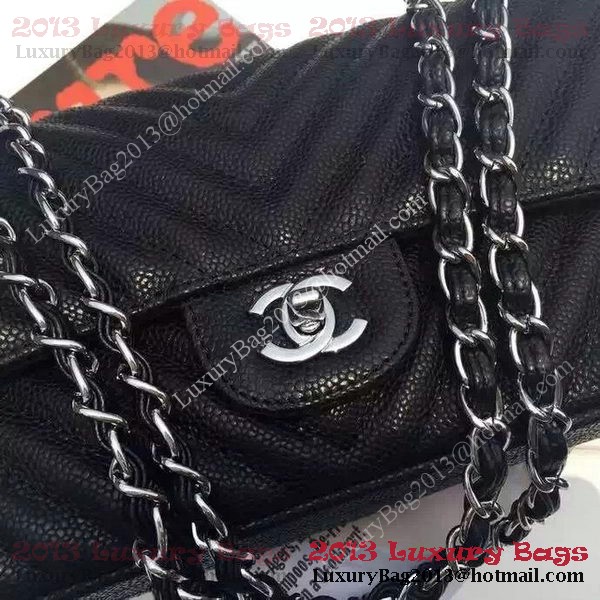 Chanel 2.55 Series Flap Bag Black Cannage Pattern Chevron Leather A1112V Silver