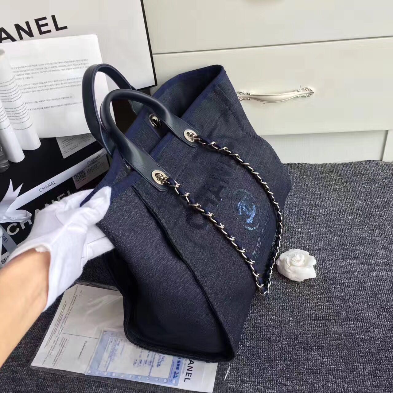 Chanel Canvas Leather Tote Shopping Bag Dark Blue A1679