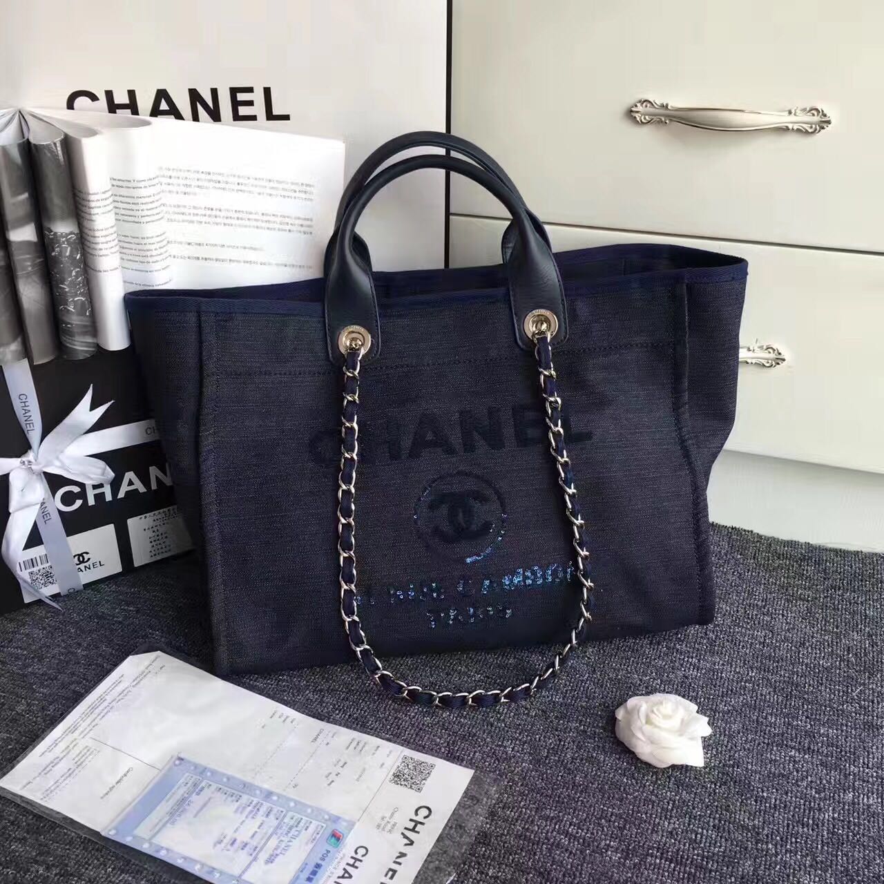 Chanel Canvas Leather Tote Shopping Bag Dark Blue A1679