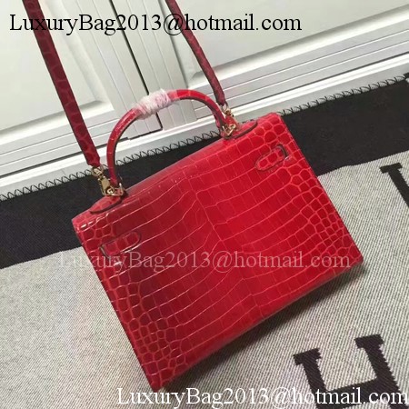 Hermes Kelly 28cm Shoulder Bag Croco Leather K28 Red