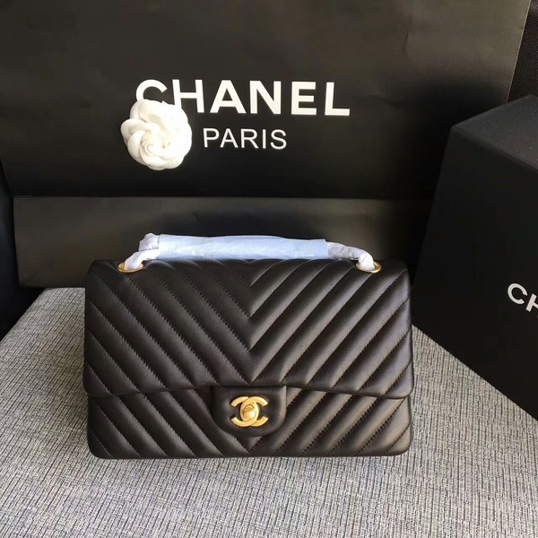 Chanel Flap Shoulder Bags Black Original Sheepskin CF1112 Gold