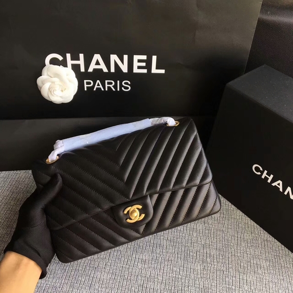 Chanel Flap Shoulder Bags Black Original Sheepskin CF1112 Gold