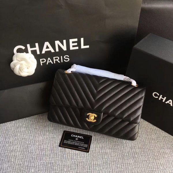 Chanel Flap Shoulder Bags Black Original Sheepskin CF1112 Gold