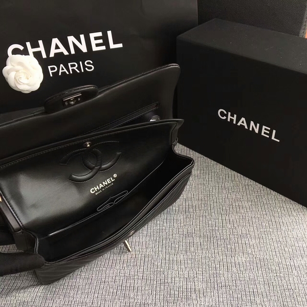 Chanel Flap Shoulder Bags Black Original Sheepskin CF1112 Silver