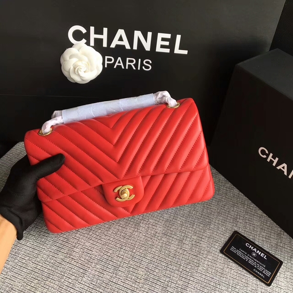 Chanel Flap Shoulder Bags Red Original Sheepskin CF1112 Gold