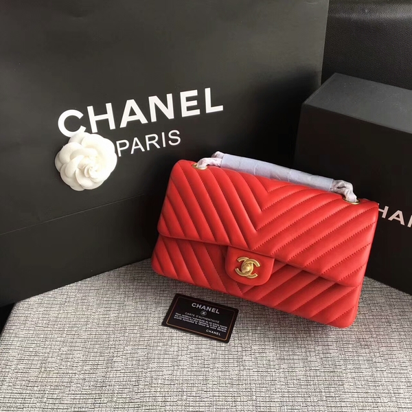 Chanel Flap Shoulder Bags Red Original Sheepskin CF1112 Gold