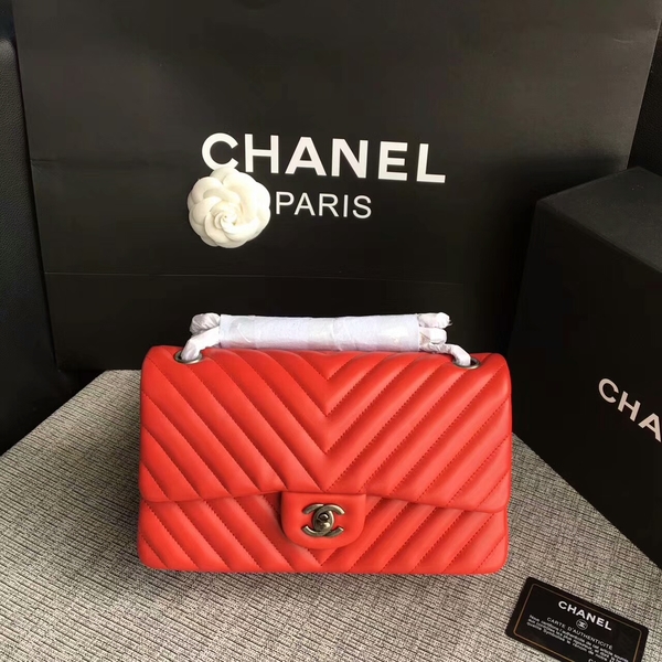 Chanel Flap Shoulder Bags Red Original Sheepskin CF1112 Silver