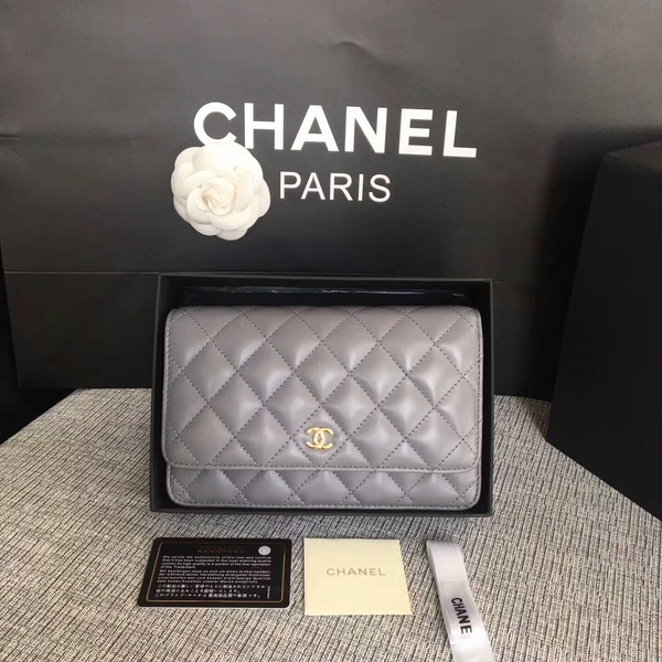 Chanel WOC Flap Bag Grey Original Sheepskin Leather 33814 Glod