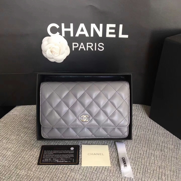 Chanel WOC Flap Bag Grey Original Sheepskin Leather 33814 Silver