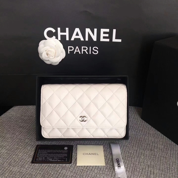 Chanel WOC Flap Bag White Original Sheepskin Leather 33814 Silver