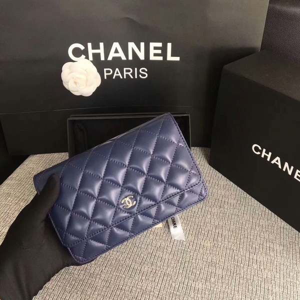 Chanel WOC Flap Bag Dark Blue Original Sheepskin Leather 33814 Silver