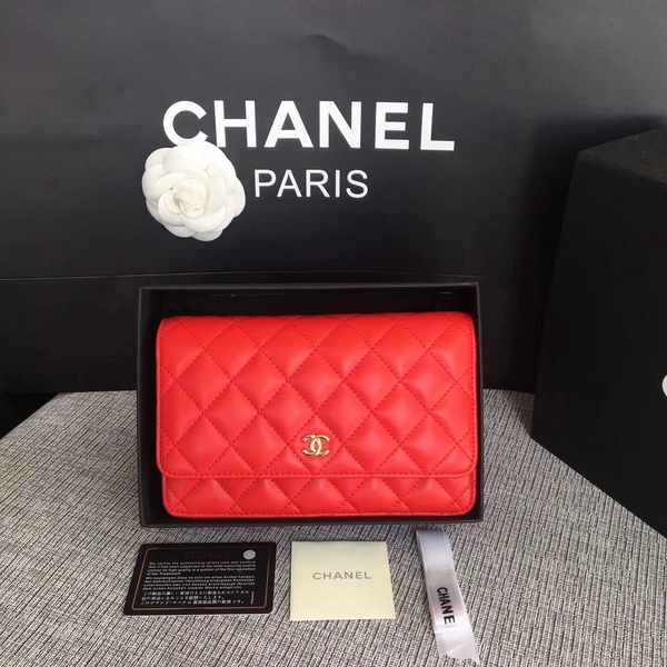 Chanel WOC Flap Bag Red Original Sheepskin Leather 33814 Glod