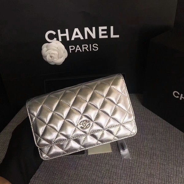 Chanel WOC Flap Bag Original Sheepskin Leather 33814B Silver