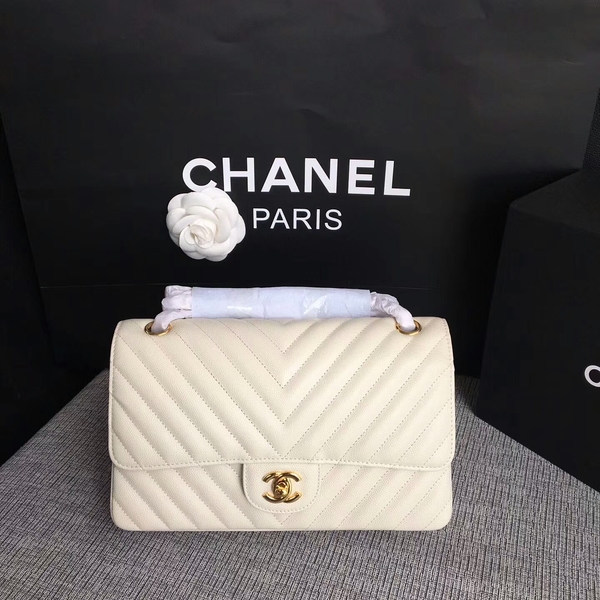 Chanel Flap Shoulder Bags White Original Calfskin Leather CF1112 Gold