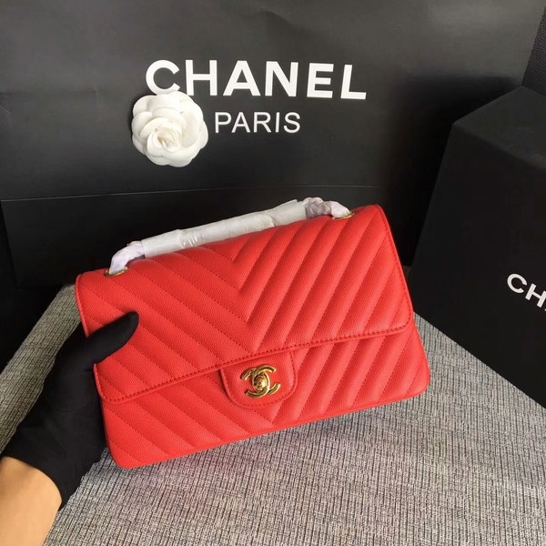 Chanel Flap Shoulder Bags Red Original Calfskin Leather CF1112 Gold