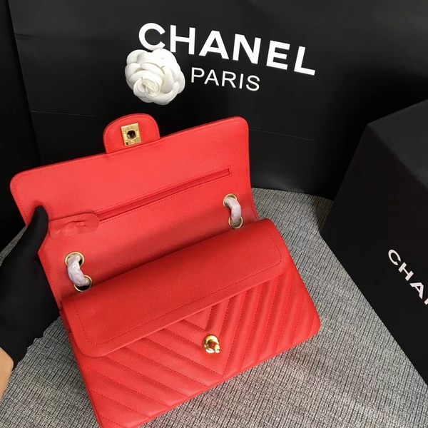 Chanel Flap Shoulder Bags Red Original Calfskin Leather CF1112 Gold