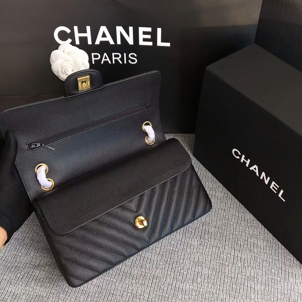 Chanel Flap Shoulder Bags Black Original Calfskin Leather CF1112 Gold