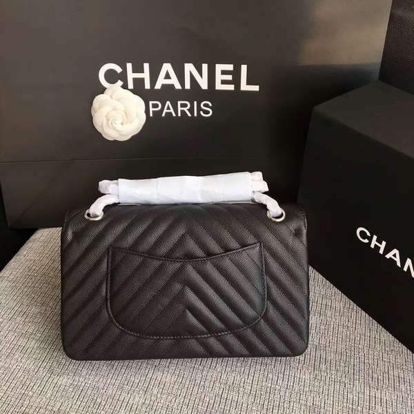 Chanel Flap Shoulder Bags Black Original Calfskin Leather CF1112 Silver