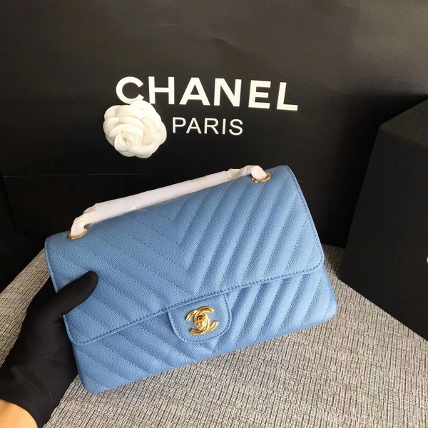 Chanel Flap Shoulder Bags Skyblue Original Calfskin Leather CF1112 Gold