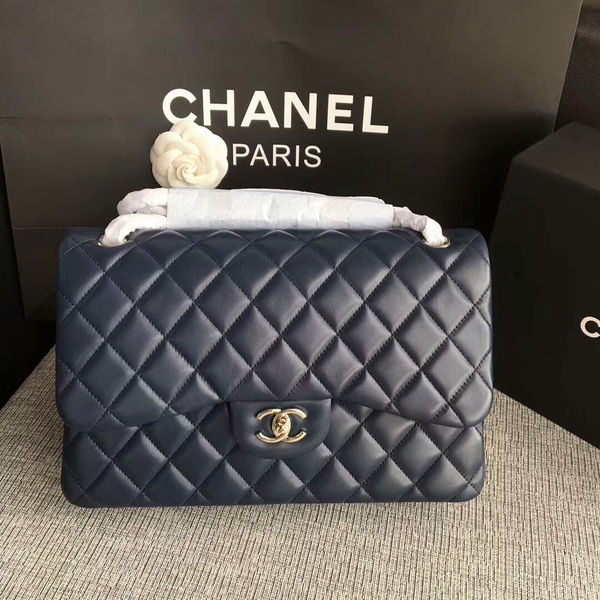 Chanel Flap Shoulder Bags Dark Blue Original Lambskin Leather CF1113 Silver