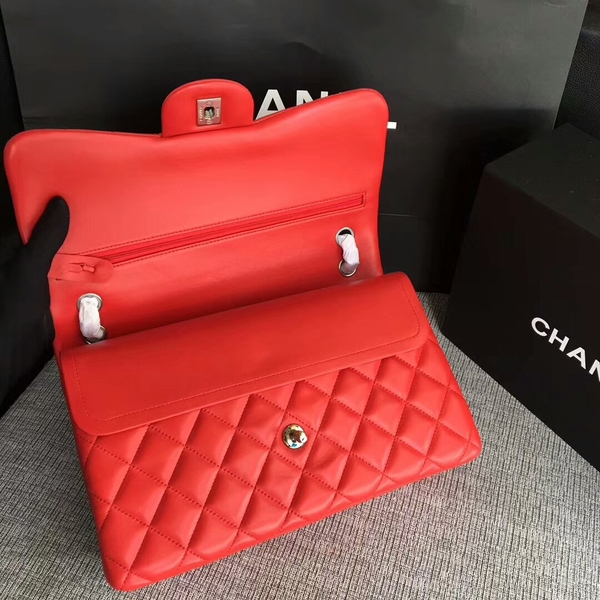 Chanel Flap Shoulder Bags Red Original Lambskin Leather CF1113 Silver