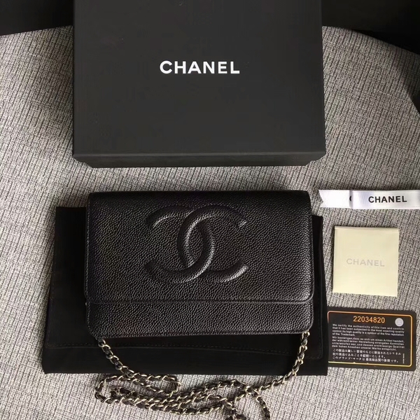 Chanel WOC Original Calfskin Leather Black Shoulder Bag 33814 Silver